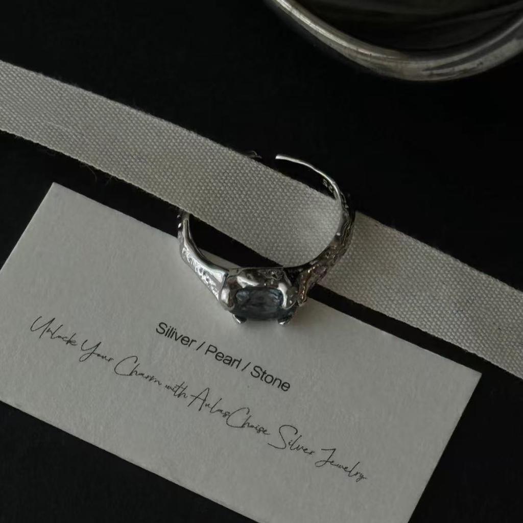 925 Sterling Silver Rings For Women Geometric Fine Jewelry Finger Adjustable Blue Stone Ring For Party Birthday Gift