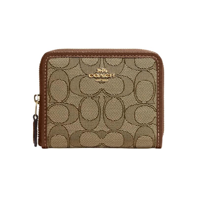 COACH Zip Around 12 Gold Logo Allover Print Jacquard Pebbled Leather Card Holder Wallet Women s Brown золотой