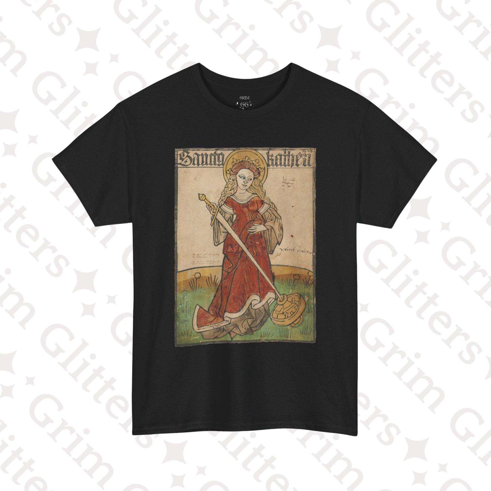 Saint Catherine of Alexandria T-Shirt: 15th-Century Hand-Colored Woodcut, Medieval Icon Tee M