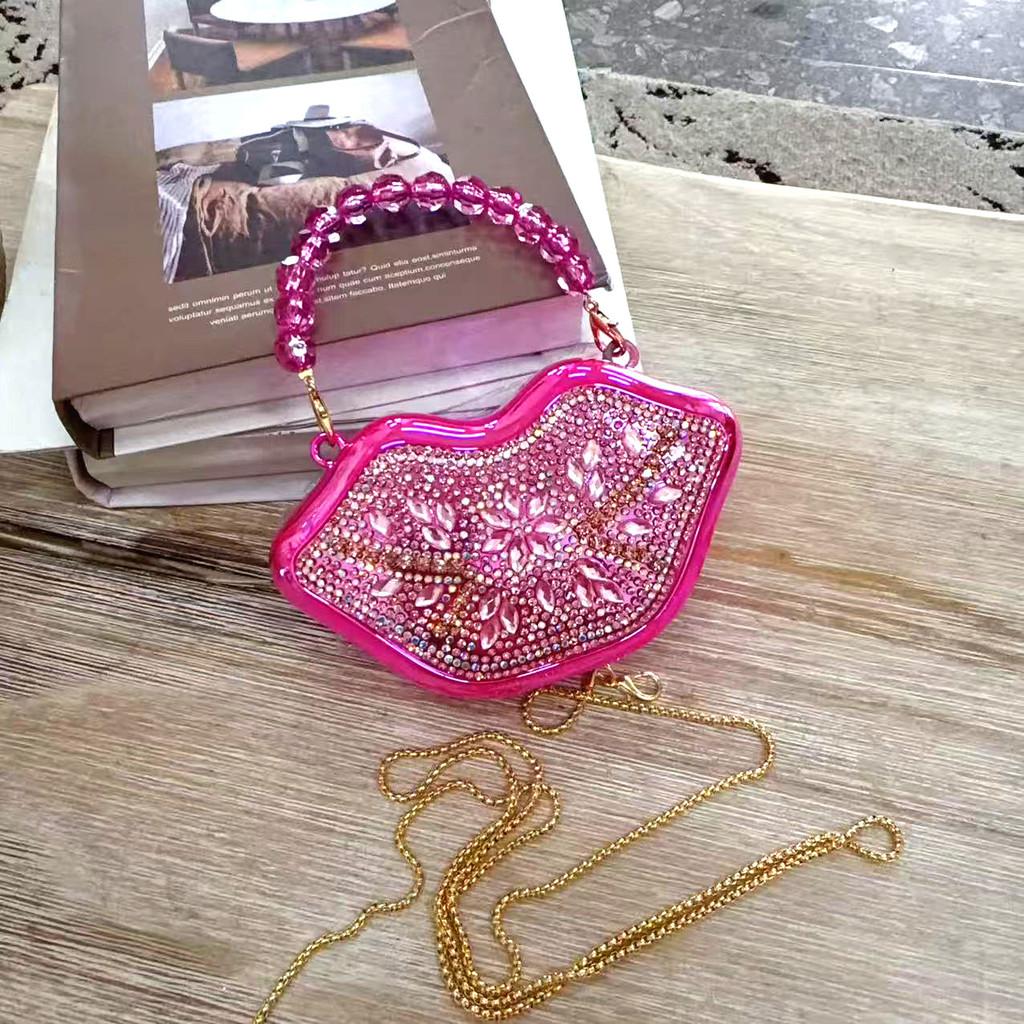 Mini Metal Lip Clutch Bag With Chain And Rhinestones For Evening Parties