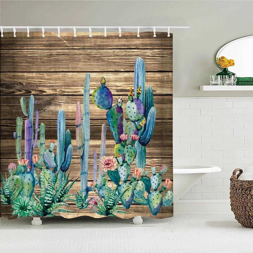 Cactus Shower Curtains Waterproof Polyester Fabric Shower Curtains Tropical Plants Bathroom Screen Curtain Home Decor 180X180Cm