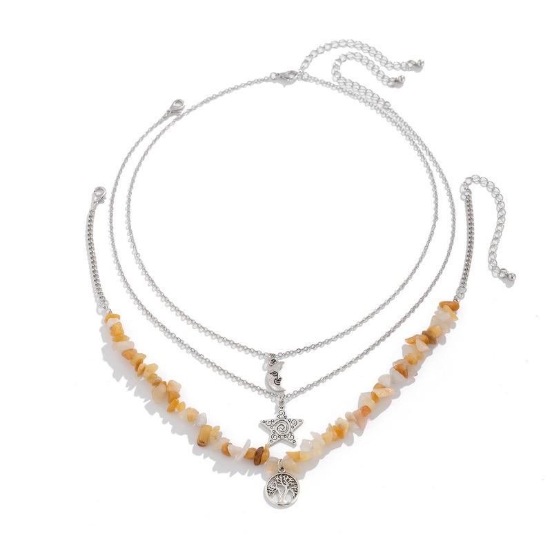 Vintage Multi-layered Necklaces for Women Gilrs Sweet Cool Stones Beaded Choker Sun Moon Star Pendant Chains Necklace Jewelry Friends Gift