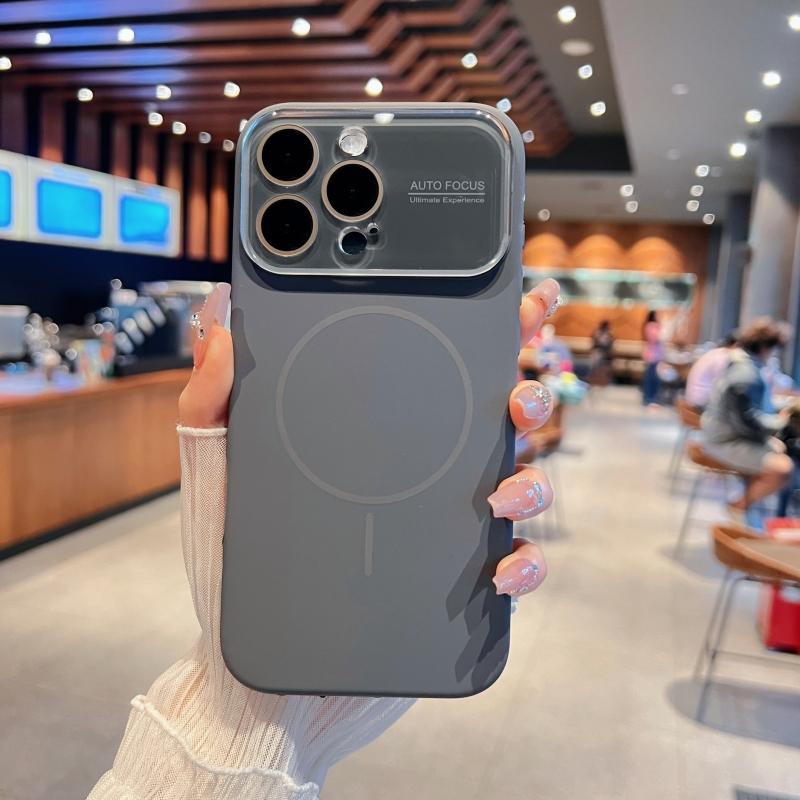 

Luxury Big Window Camera Protector Magnetic Phone Case for iPhone 16 15 14 17 Pro Max Soft Silicone Shockproof Magsafe Cover For iPhone 14 Pro сірий