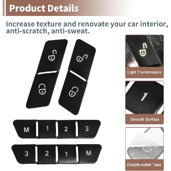 Set of 12 Car Seat Memory Door Lock Unlock Button Sticker Adjust Switch Button for Mercedes-Benz a Class 2013-2017 Interior Trim Accessory Black