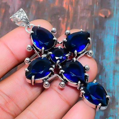 Cross London Blue Topaz Gemstone Feito à Mão Prata Esterlina 925 Incrível Pingente de Jóia