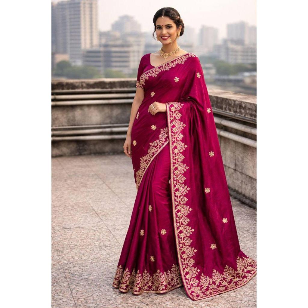 Premium Fandy satin with c pallu spring Dori embroidery work and all over sarees butta work with cutwork border