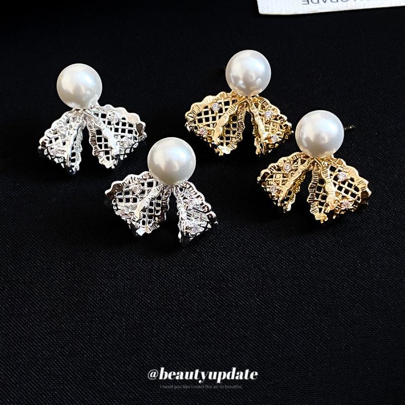 K real gold electroplated lace bow zircon pearl stud earrings women French design earrings temperament earrings women