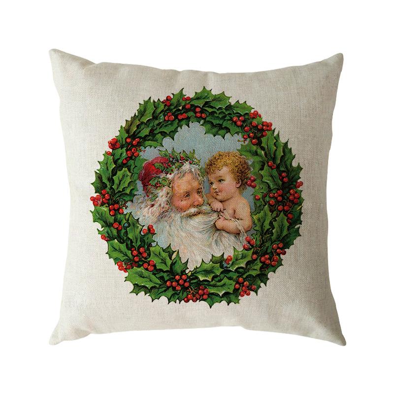 Santa Claus Pillow Case Snowman Color Ball Christmas Wreath Linen Pillow