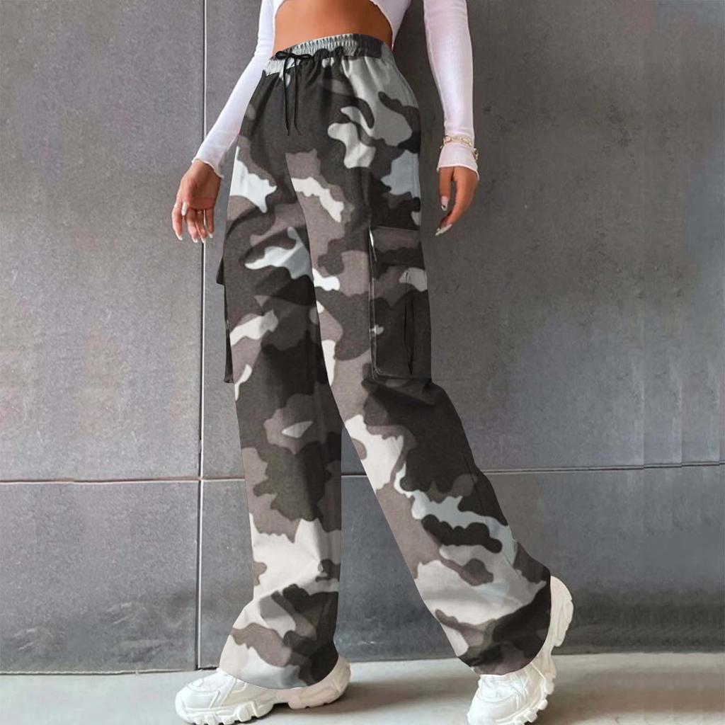 Women’s High-waisted, Wide-leg, Straight-cut, Loose-fitting, Elegant Commuter Trousers; Printed Camouflage Trousers; Casual Trousers
