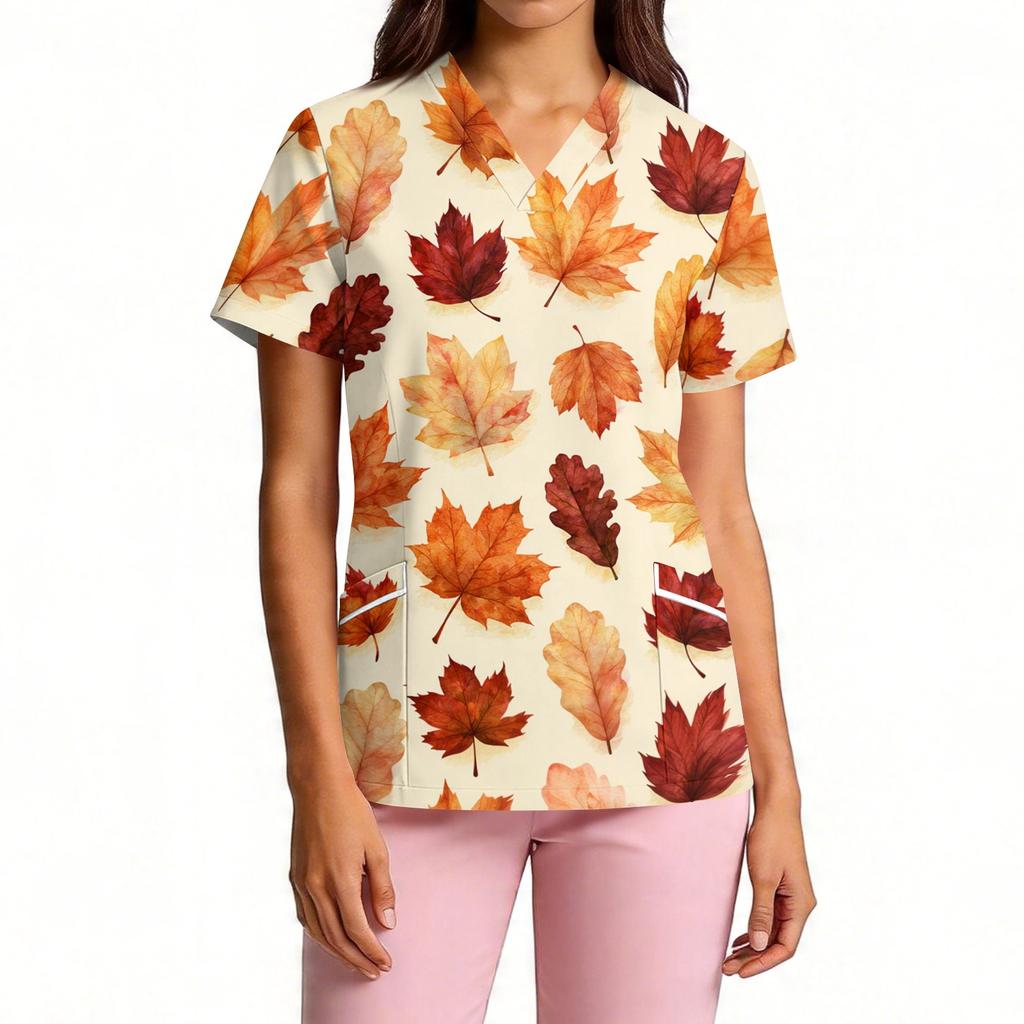 Women's V-Neck Short Sleeve Work Shirt with Pockets and Leaf Print