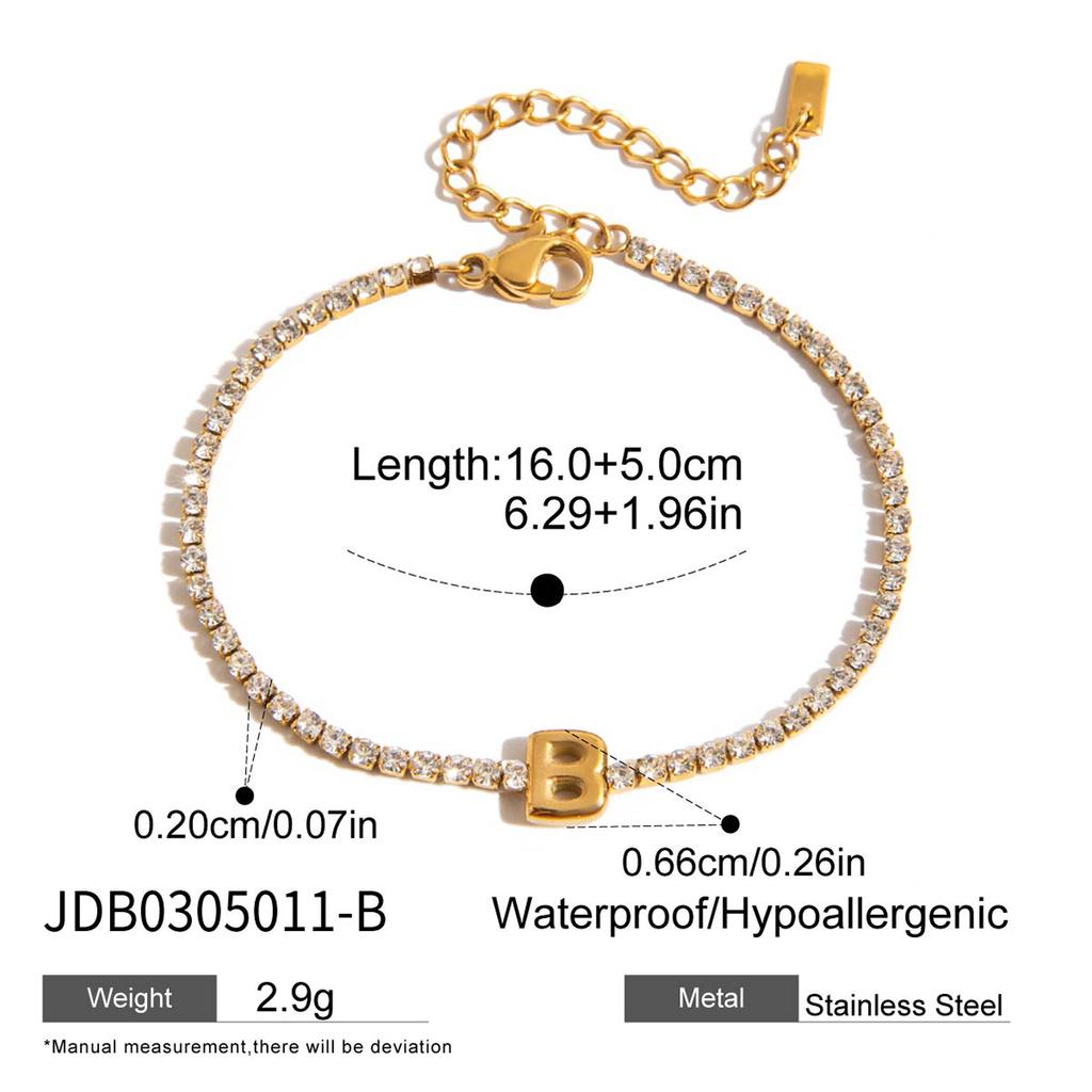 J&D 18K Gold Plate Stainless Steel Bracelet Trendy Classic Waterproof White Zircon Letter Chain Bracelet