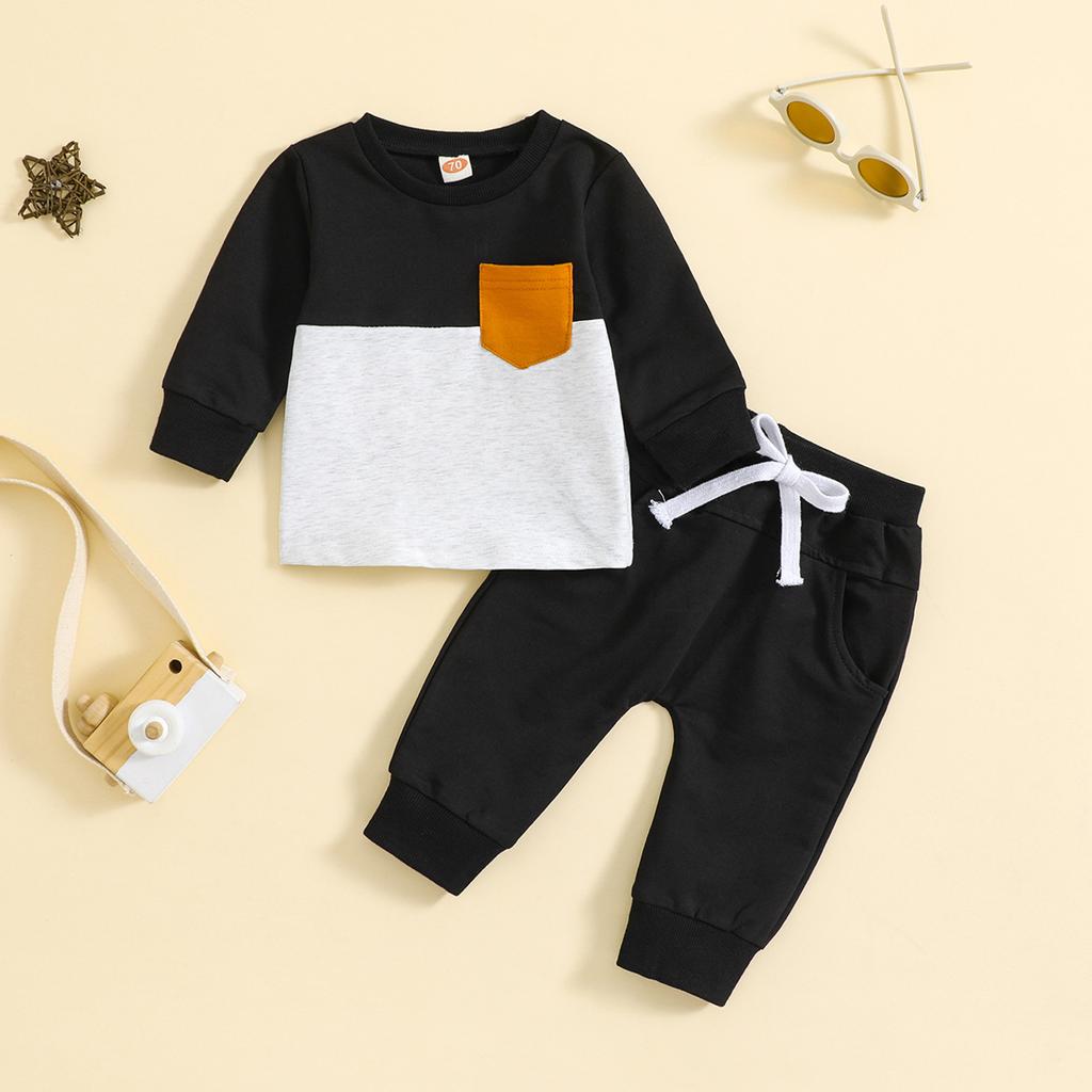 Boys Fall and Winter Color Blocking Suit Long Sleeve Round Neck Top + Pants Two-piece Set