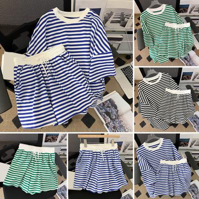 2 Pcs/Set Women T-shirt Shorts Set Striped Print Loose Short Sleeves Loose Top Drawstring Elastic