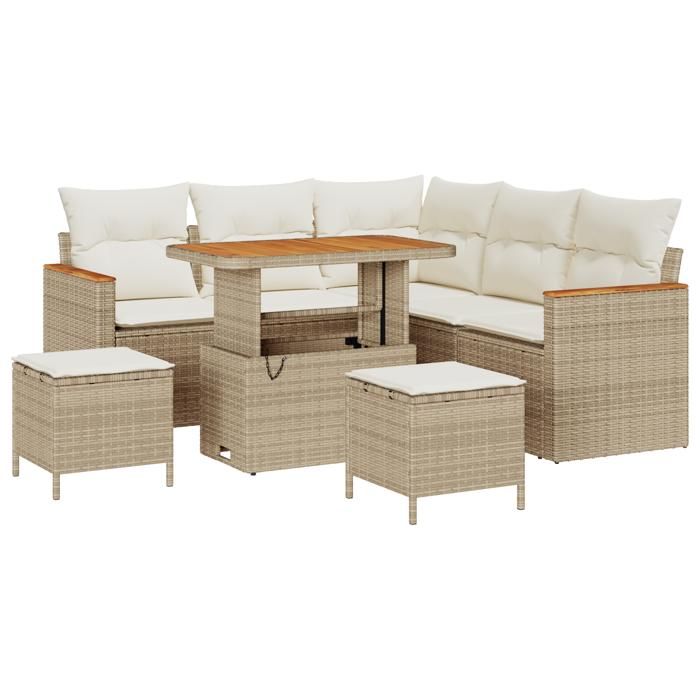 Ensemble de Canapé de Jardin 8 pièces avec Coussins Beige Poly Rattan Acacia, Ensemble de Salle à Manger de Jardin 3 pièces 3363046
