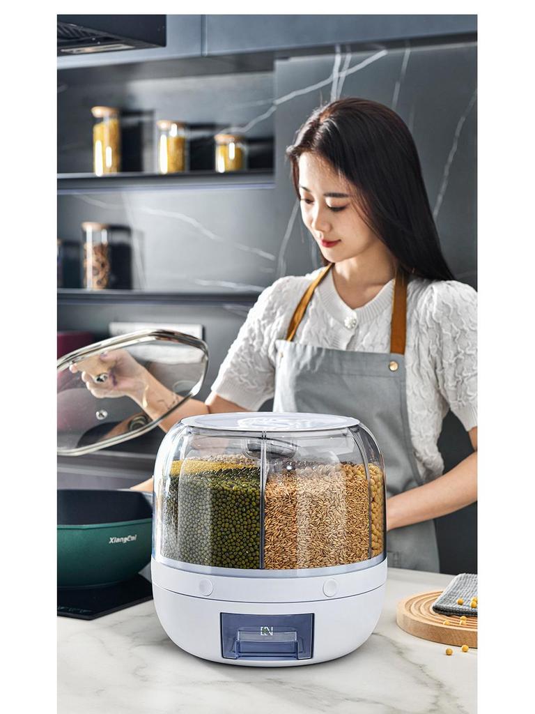 Rotating Rice Storage Container: Insect and Moisture-Proof Sealed Jar with Partition for Grain Preservation