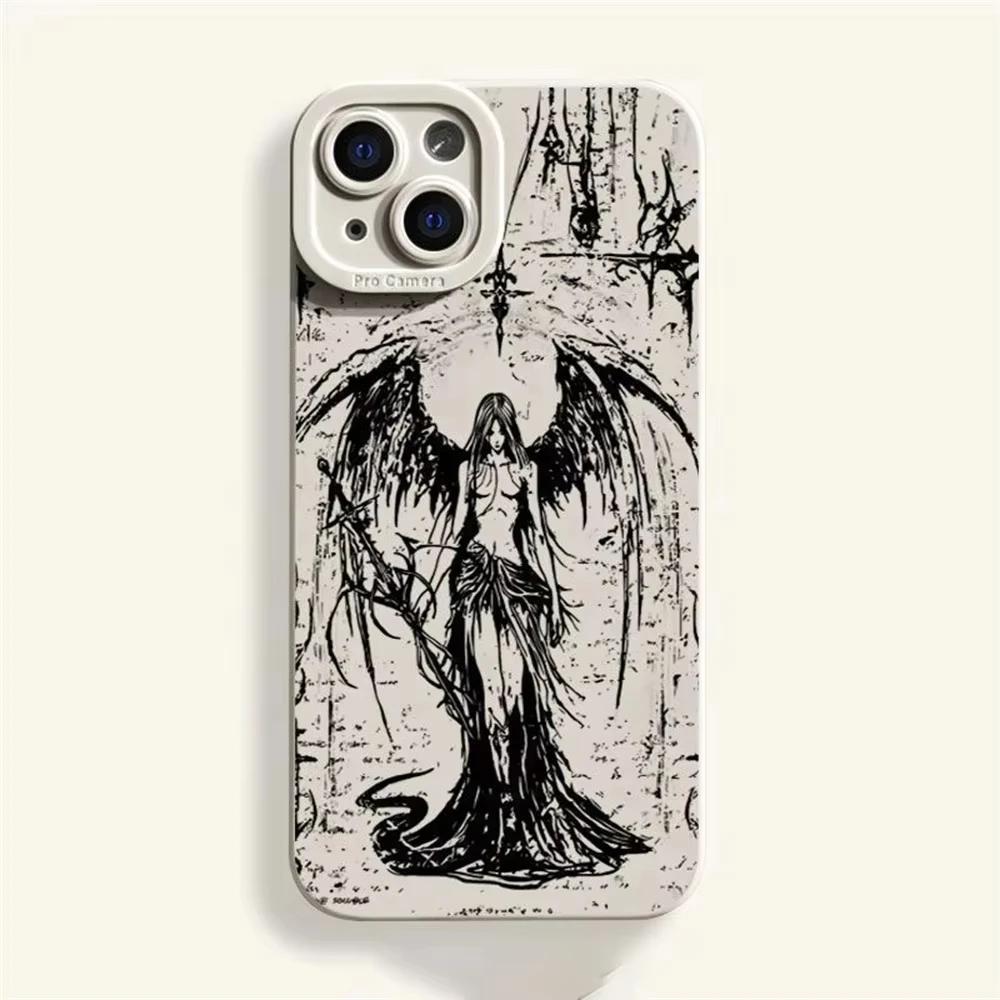 Luxury Black Angel Death Demon Phone Case for iPhone 17 AIR 16 15 14 13 12 11 PRO MAX XS XR 7 8 PLUS Y2K Camera Protection Cover