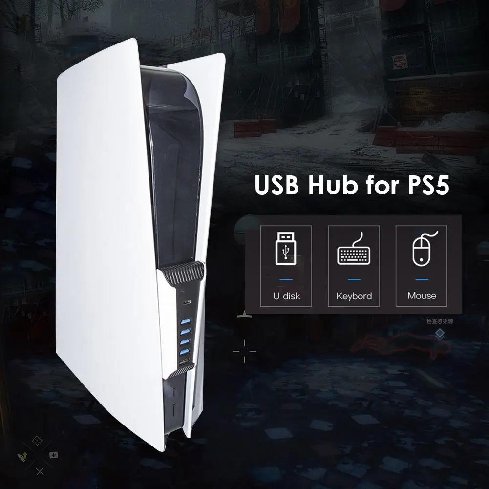 USB C Hub, 5 In 1 USB Hub High‑Speed Expansion Adapter with USB3.0 Type‑C Ports for PS5 Console, Support 4 USB Data Output Ports
