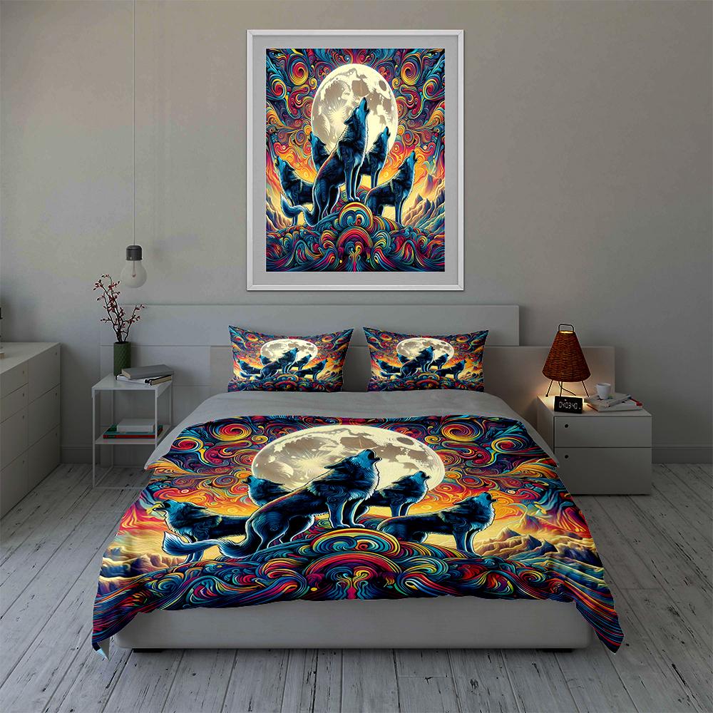 "Colorful wolf moon" Bedding Duvet cover sets Duvet covers Pillowcases gifts (1 * Duvet Cover 2 * Pillowcases, without duvet insert)