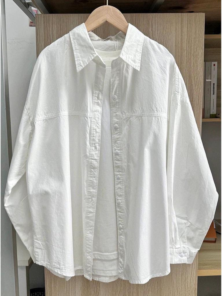 Women's Loose-Fit Korean Style Cotton Shirt - Early Spring 2025 French Casual Long Sleeve Top