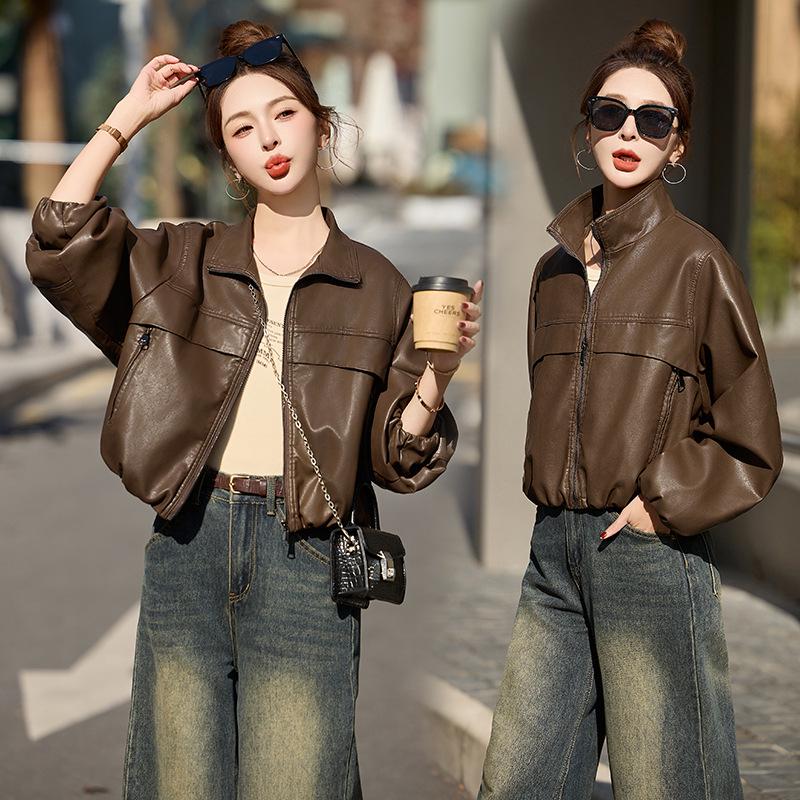 

Новая женская короткая куртка из искусственной кожи 2025 года - Приталенная, для миниатюрных, со стойкой, пальто на весну/осень L (for 120-145 jin) кофейный