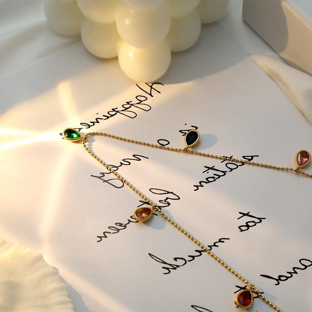 Bohemian Style Multi-Color Contrasting Color Color Water Drop Shape Zircon Collarbone Chain Necklace Women'S Fashion Titanium Steel Jewelry