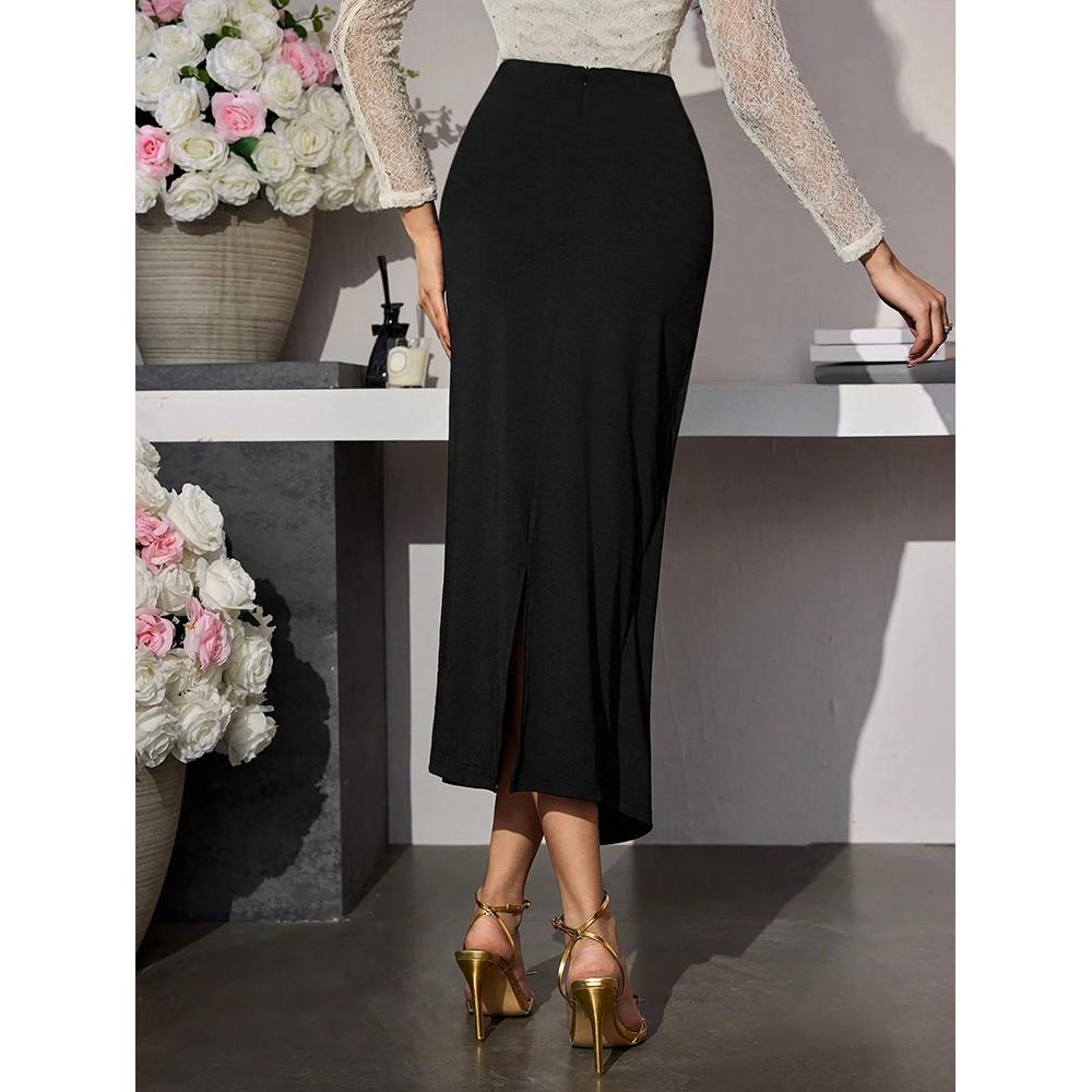 Falda Larga Fluida de Color Sólido con Fruncidos de Moda para Mujer