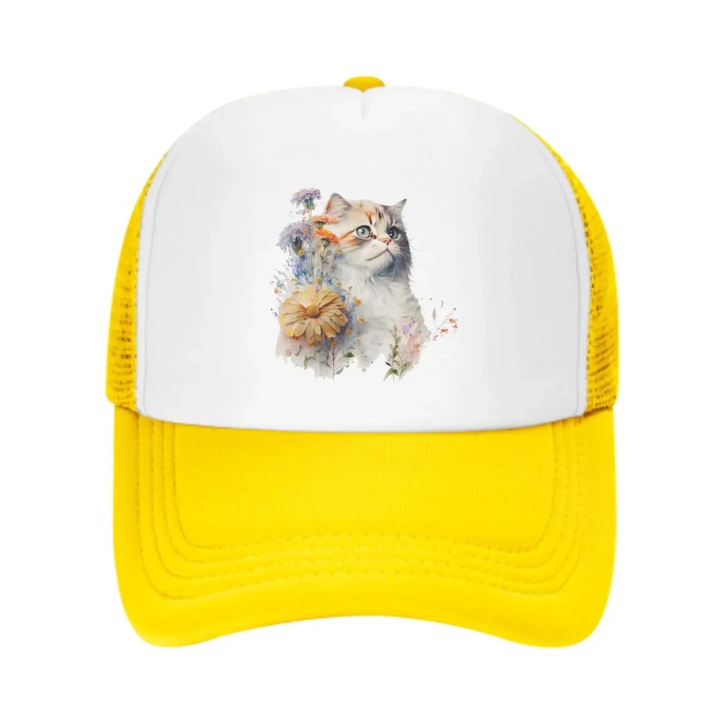 Blumenkatzen Netz-Trucker-Hüte für Unisex-Damen, verstellbare lässige Mode-Baseballkappen für Outdoor-Aktivitäten