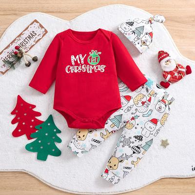 Baby-Body aus Baumwolle mit Alphabet-Aufdruck, süße Musterhose mit Hut-Outfit-Set für Weihnachten