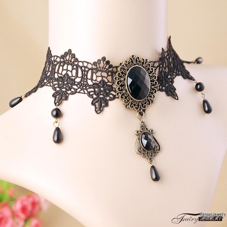 Elegant Retro Black Crystal Lace Necklace - European & American Style
