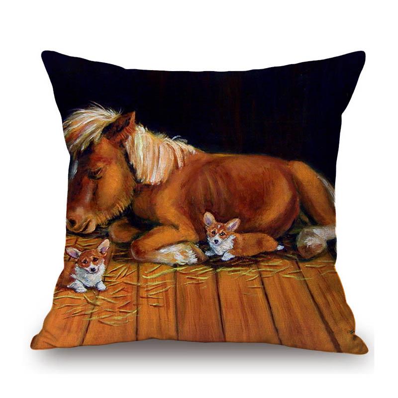 Horse Oil Painting Home Modern Decoration Art Cotton Linen Sofa Throw Pillow Case Lovely Mane Foal Pony Car Seat Cushion Cover