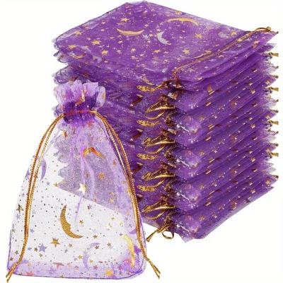 50 Stück Organzabeutel mit Mond- und Sternenmotiv, Schmuck- und Geschenktüten, goldene Stern-Organzabeutel für Weihnachtsfeiern