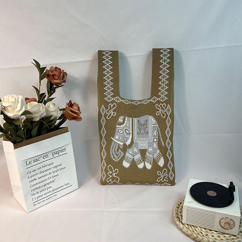 Ethnic Style Cartoon Knitted Handbag Women Large Capacity Knot Wrist Bag Casual Tote Bag Handmade Shopping Bags For Woman Girls