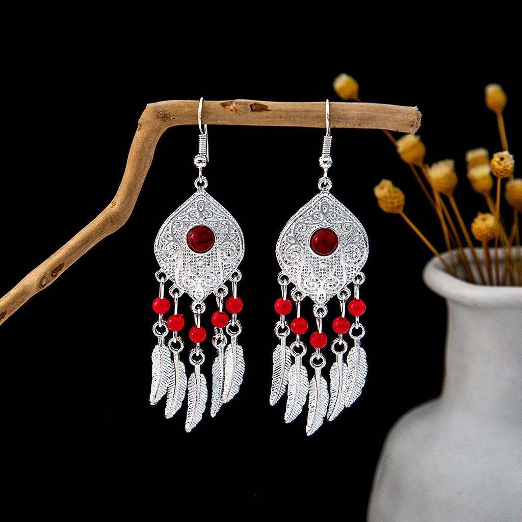 Bohemian Ethnic Miao Silver Turquoise Tassel Earrings for Women