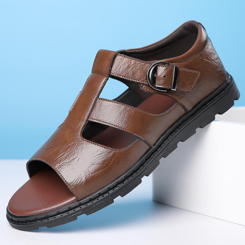Summer New Men's Business Casual Leather Sandals Hollow Out Breathable Roman Sandals British Flats Shoes