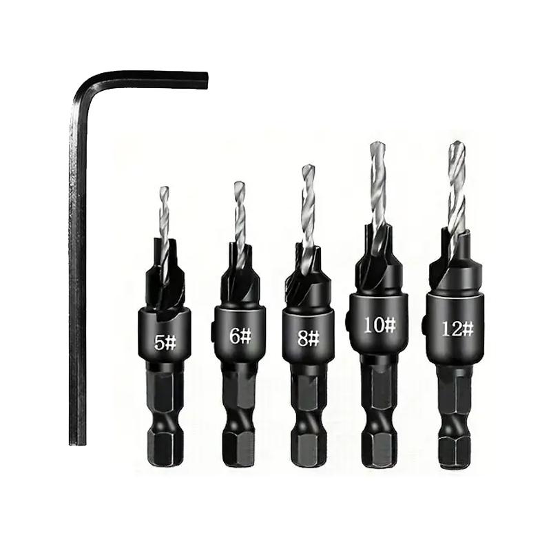 

Набор из 5 сверл-зенкеров для деревообработки с шестигранным хвостовиком 1/4 для самостоятельной деревообработки с одним Г-образным ключом #5 #6 #8 #10 #12
