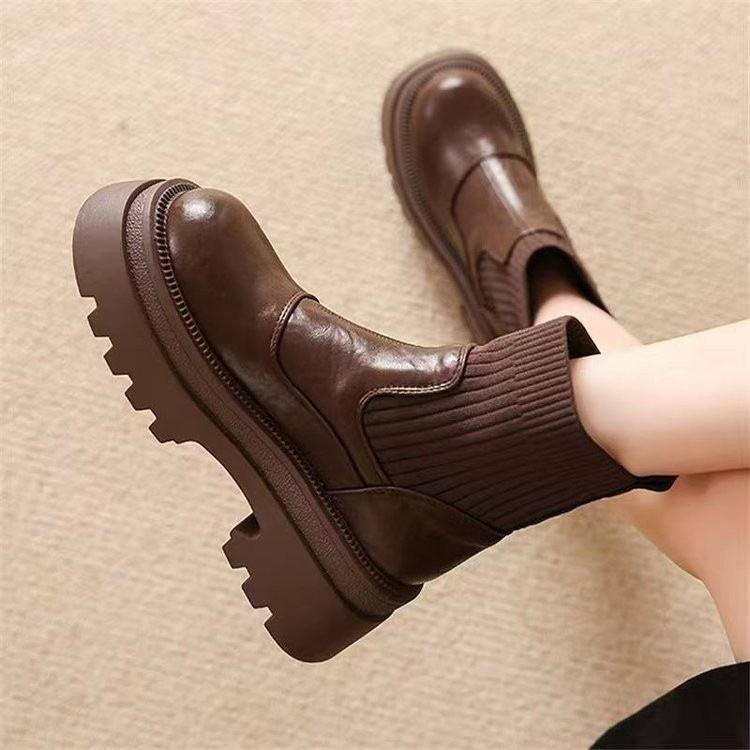Thick-soled British Chelsea Boots Autumn and Winter New Retro Round Boots Short Boots Martin Boots Brown