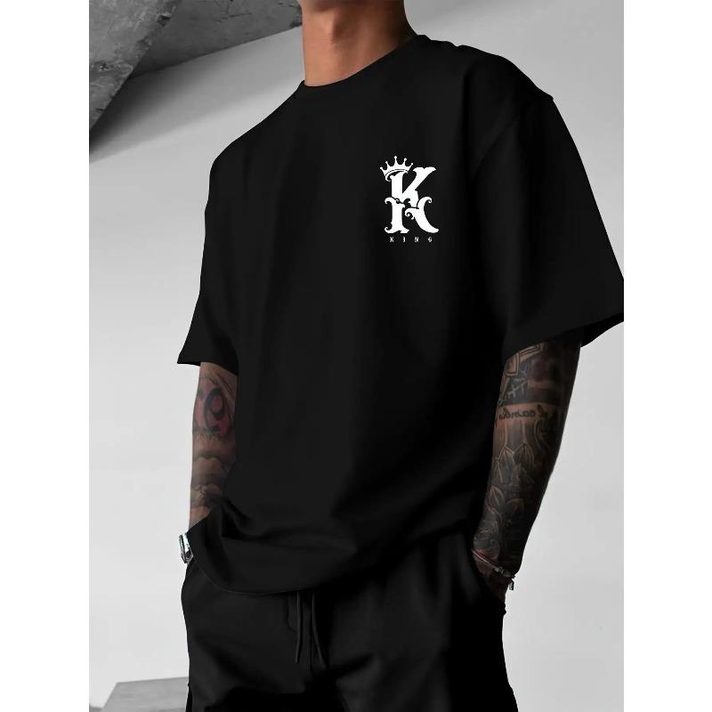 European Size Men's Loose Fit White KING Letter Print T-Shirt , Breathable Casual Sport Crew Neck Short Sleeve, Striking Black and White KING Graphic
