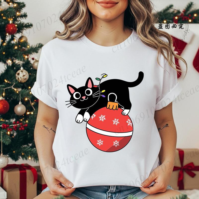 Kitten Xmas Tree Unisexs Casual TShirt Black Cat Christmas Graphic Print TShirts Tops Meowy Xmas Lights Novelty TShirt Tops