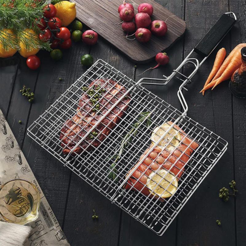 Grilling Basket Folding Portable Outdoor Camping Stainless Steel BBQ Rack with Removable Handle Barbecue Griller Cooking Tool