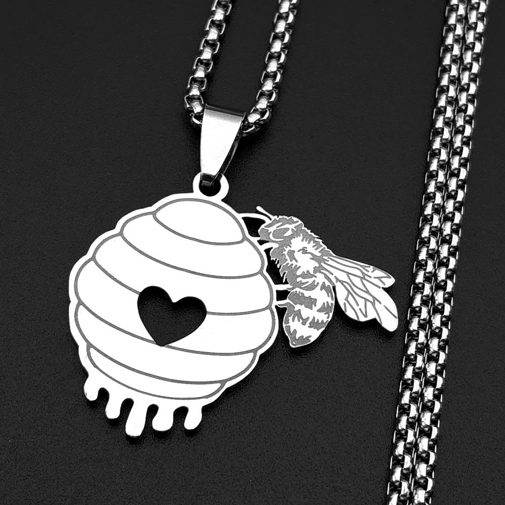 Honeycomb Bee Heart Pendant Necklace For Women Couple Stainless Steel Gold Color Sweet Love Chain Jewelry Valentine Gift