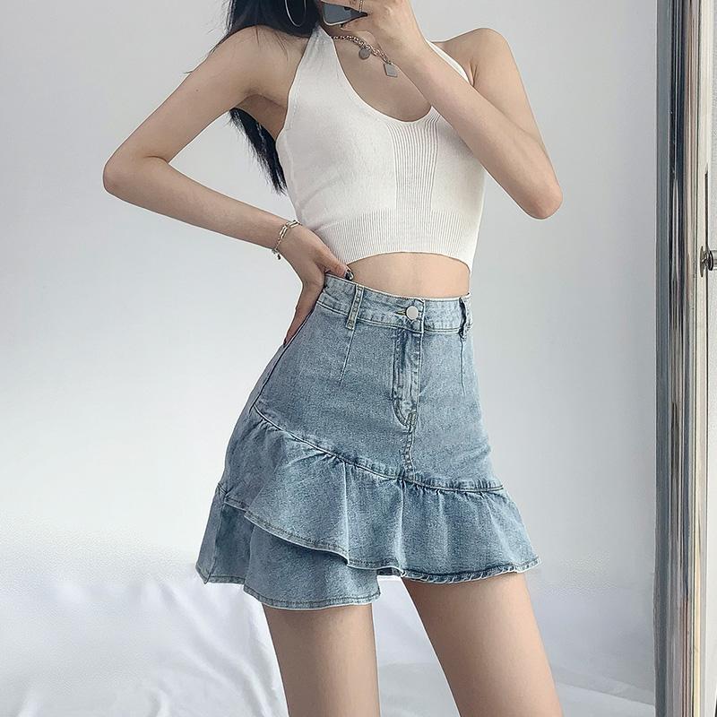 

Джинсовая юбка с рюшами для женщин, сексуальные мини-короткие юбки с высокой талией, летние винтажные тонкие плавки Y2k, уличная одежда в корейском стиле 2XL синий