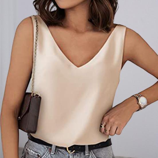 Women Tank Top V-neck Solid Color Sleeveless Low-cut Loose Daily Wear Pullover Satin Women Summer Vest Women Clothes