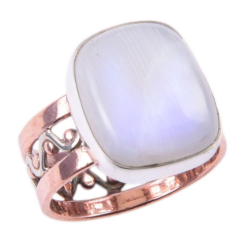Natural Rainbow Moonstone Gemstone 925 Sterling Silver Two Tone Ring Size 8 d3H08