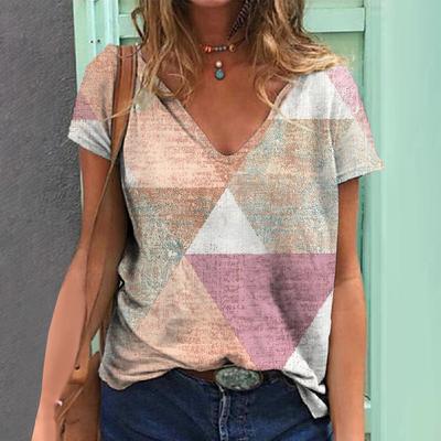 T-shirt d'été pour femmes, Top à manches courtes à imprimé géométrique rétro, Vêtements pour femmes, Col en V Manches courtes quotidiennes
