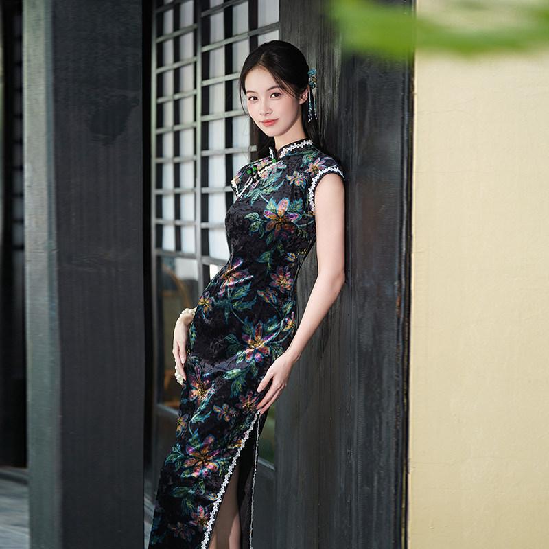 Velvet sleeveless national style new Chinese style Suzhou long autumn improved cheongsam 1011 new women's high-end spring and autumn clothing