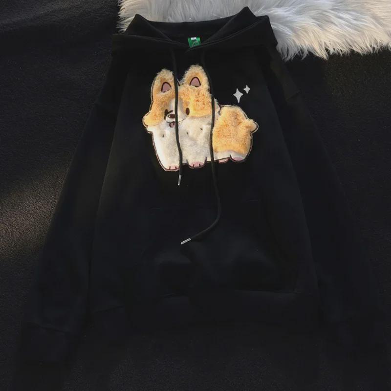 Cartoon Corgi Embroidered Fleece Hoodie for Women 2024 - Autumn/Winter Casual Unisex Pullover