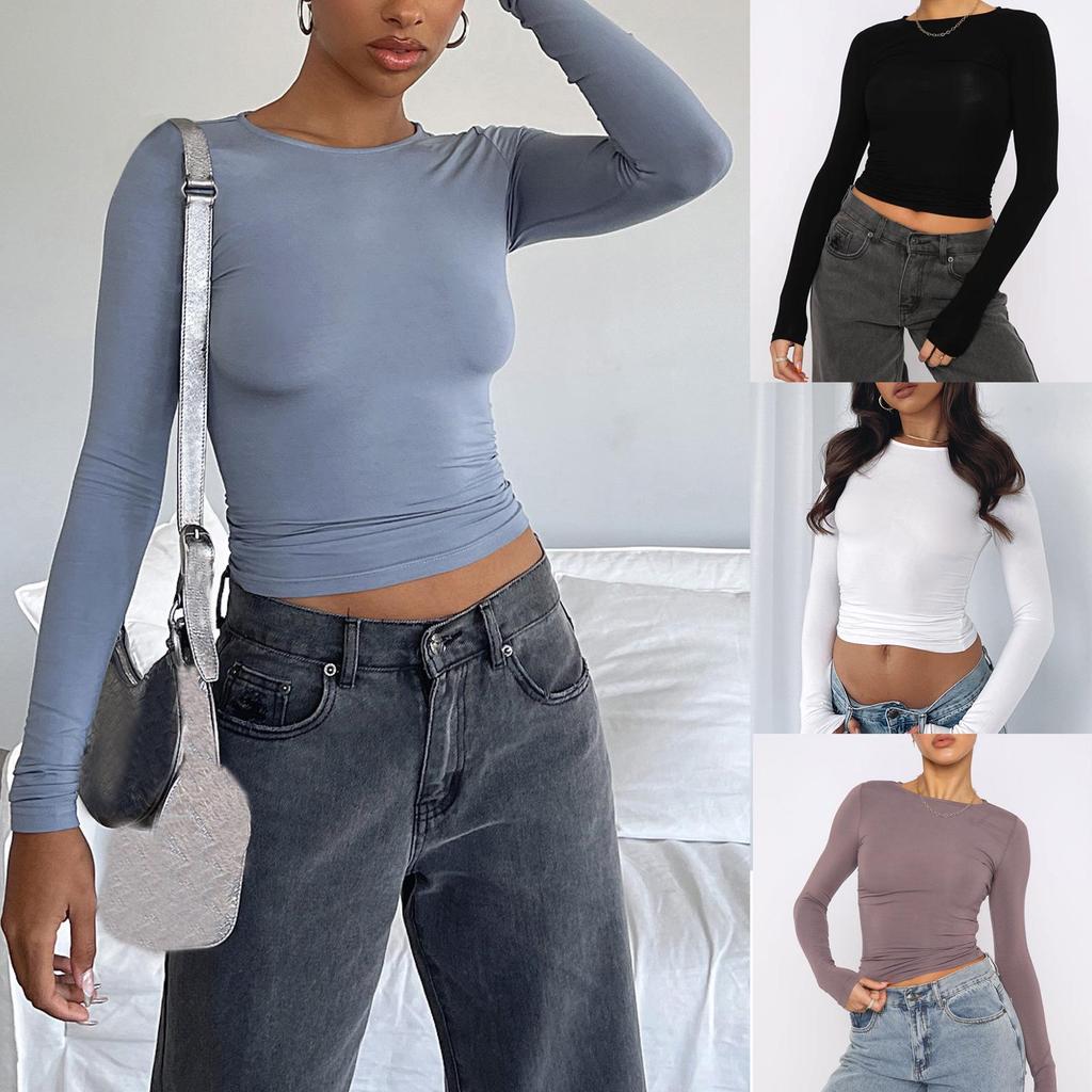 European & American Women's Solid Color Slimming Long Sleeve Round Neck T-Shirt for Spring & Autumn