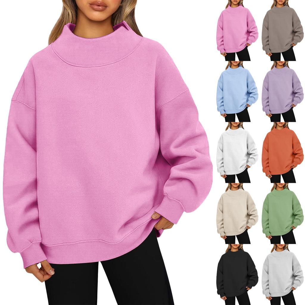 Ladies' Fashionable Loose High Neck Long Sleeved Solid Color Hoodie Top Pullover