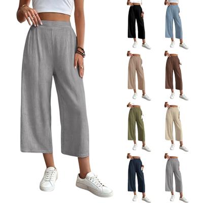 Wide Leg High Waist Cropped Pants for Women Loose Fit Lightweight Breathable Casual Trousers with Elastic Waistband