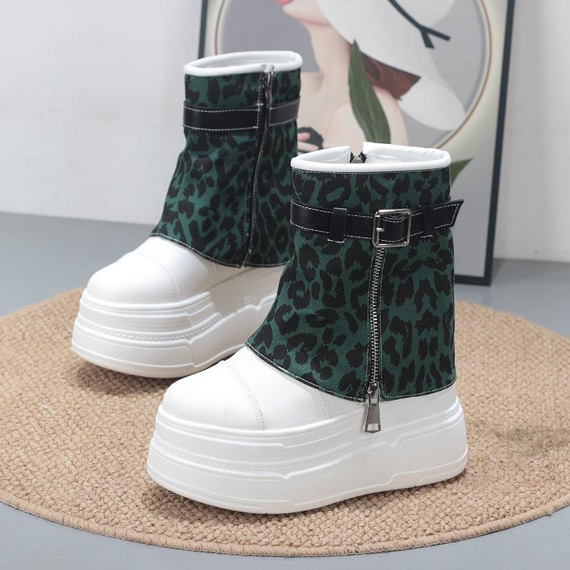 Fashion Shoes for Women New Mid-Calf Boots 10CM High Platform Modern Boots Belt Buckle Punk Shoes Female Zip Leather Motorcycle Boots